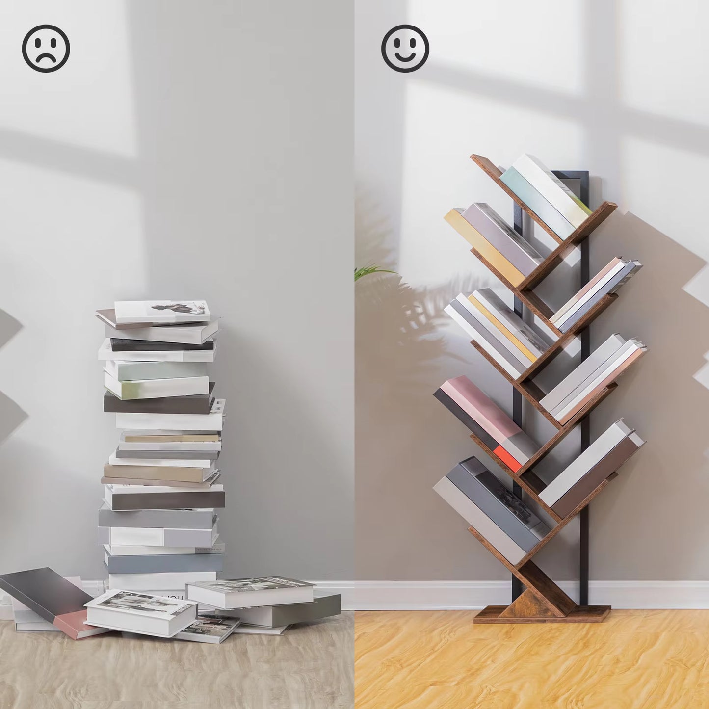 Tall 9-Tier Tree Bookshelf, Floor Standing Bookcase for CDs and Albums, Rustic Brown and Black Finish for Living Room
