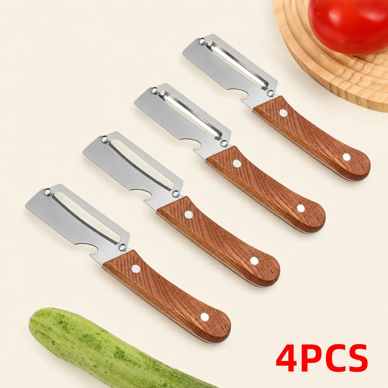 Ergonomic Wooden-Handled Vegetable and Fruit Peeler with Stainless Steel Blade and Integrated Bottle Opener