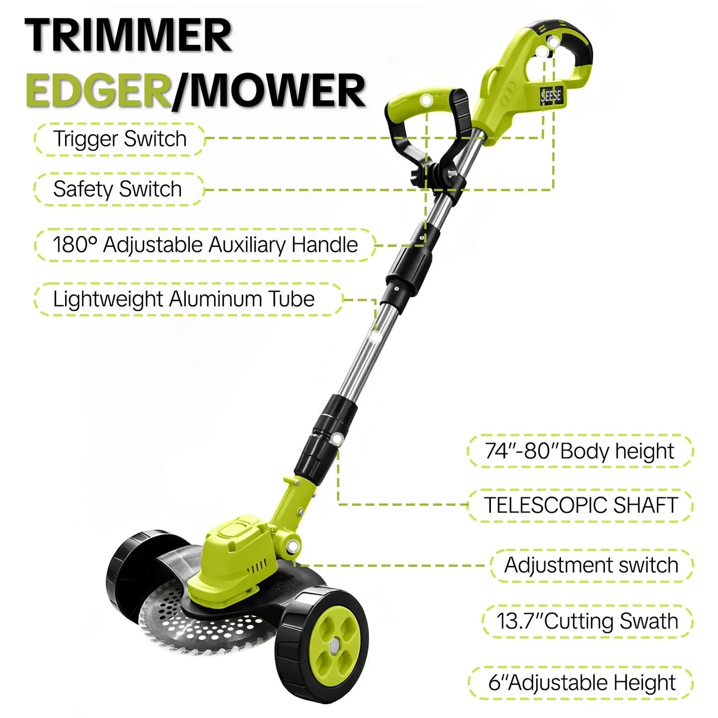 SEESE Cordless Lawn Mower and Garden Tool Set (Mower, Trimmer, Edger) with Dual 21V Batteries - Lightweight Design for Small to Medium Yards - Ideal Father's Day Gift