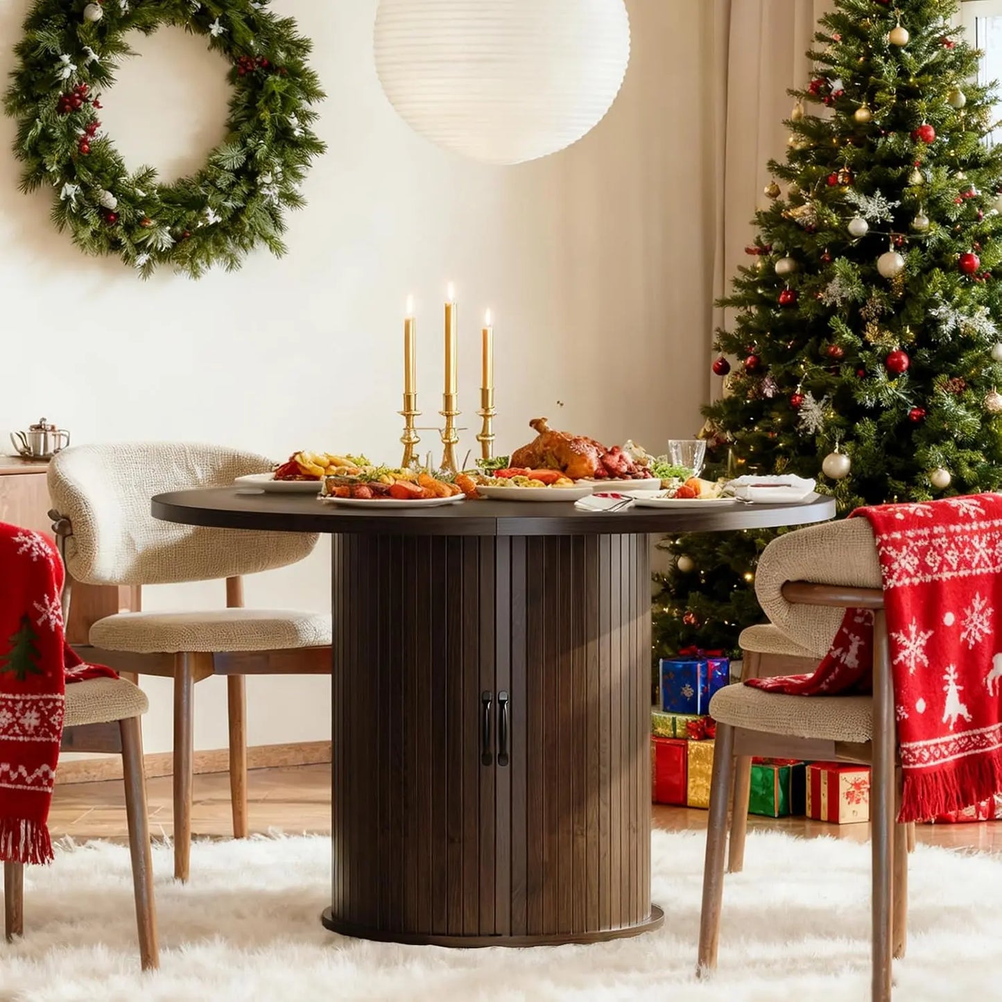 47" Black Round Dining Table for Four, Modern Fluted Kitchen Table with Two-Tier Storage and Sliding Door, Farmhouse Style for Dining Room and Compact Spaces