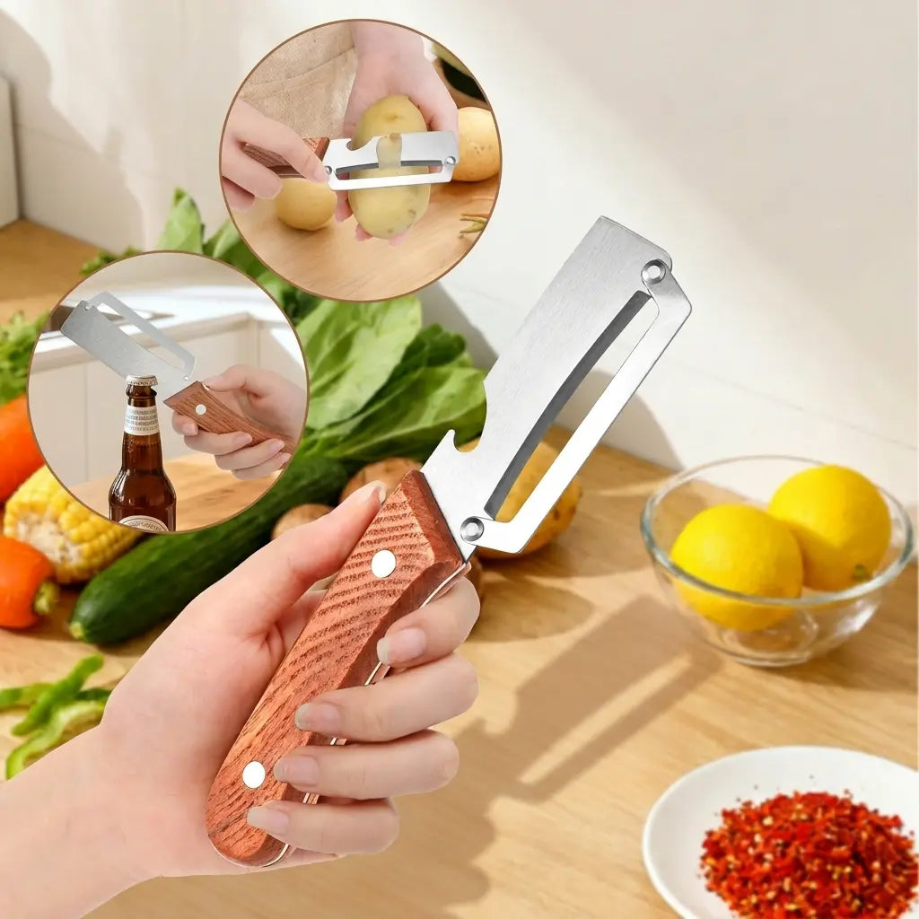 Ergonomic Wooden-Handled Vegetable and Fruit Peeler with Stainless Steel Blade and Integrated Bottle Opener
