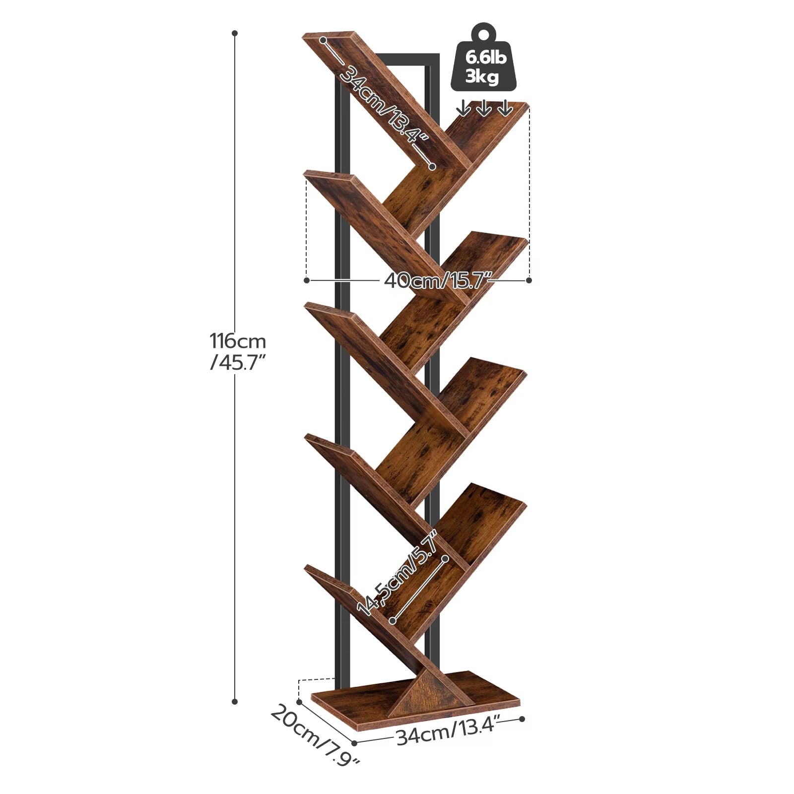 Tall 9-Tier Tree Bookshelf, Floor Standing Bookcase for CDs and Albums, Rustic Brown and Black Finish for Living Room