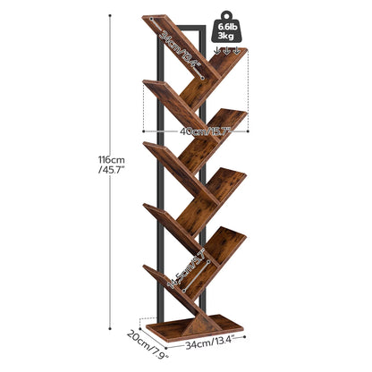 Tall 9-Tier Tree Bookshelf, Floor Standing Bookcase for CDs and Albums, Rustic Brown and Black Finish for Living Room