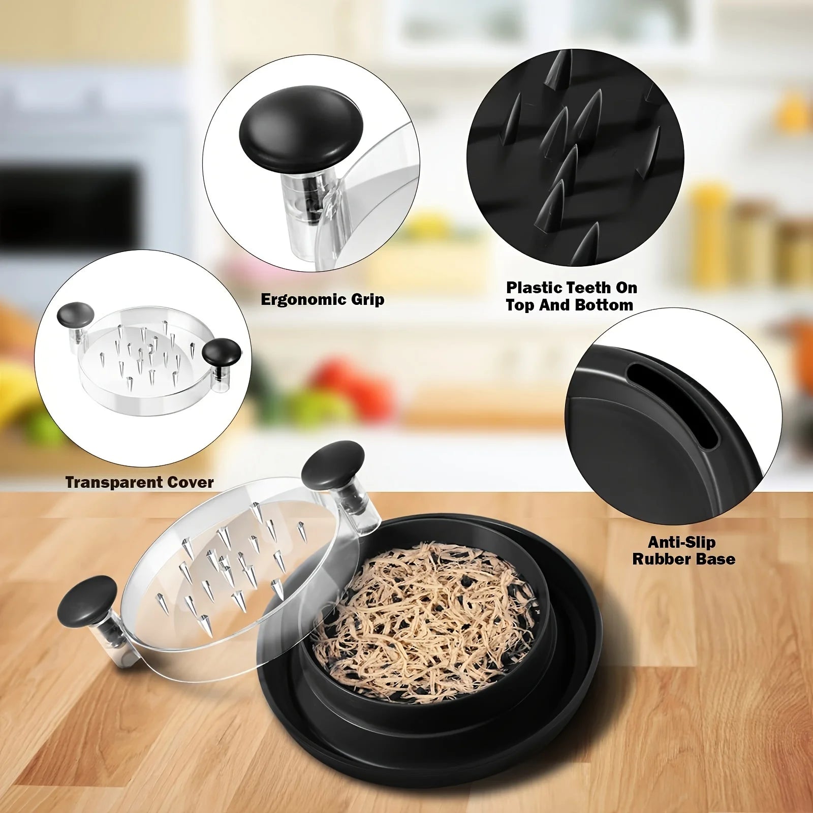 Enhanced Chicken Shredder with Clear Lid, Oversized Non-Slip Blade for Meat and Vegetables, Effortless Cleaning