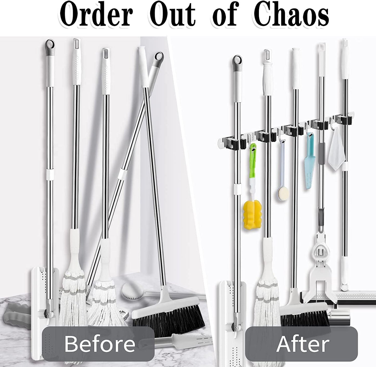 Heavy-Duty Stainless Steel Wall-Mounted Broom Holder with 5 Holders and 4 Hooks, Includes Nails for Installation, Self-Adhesive Mop and Brush Storage Solution