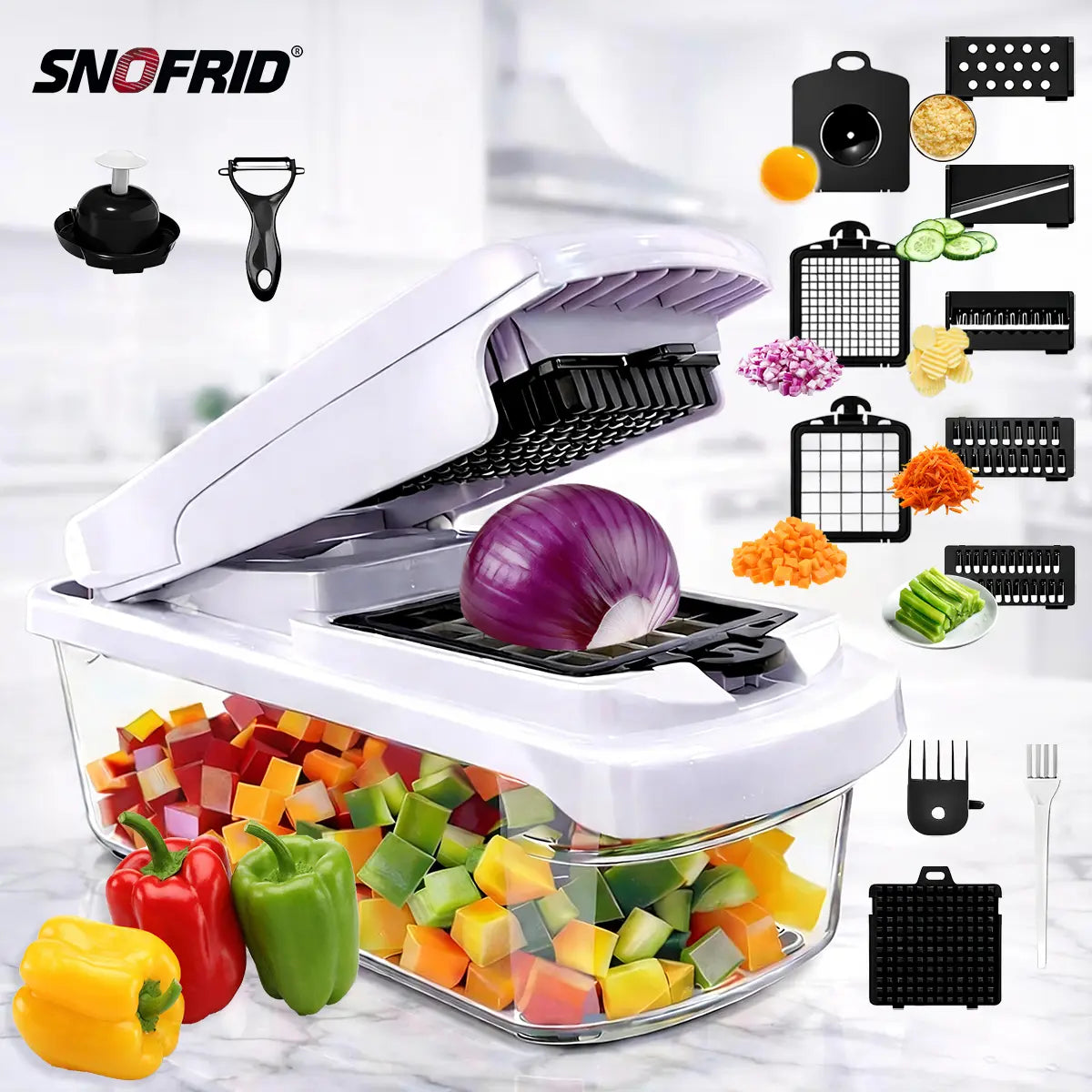 Snofrid 15-in-1 Multifunctional Vegetable Chopper - Professional Onion Chopper with 8 Blades and Container for Efficient Salad, Potato, Carrot, and Garlic Preparation