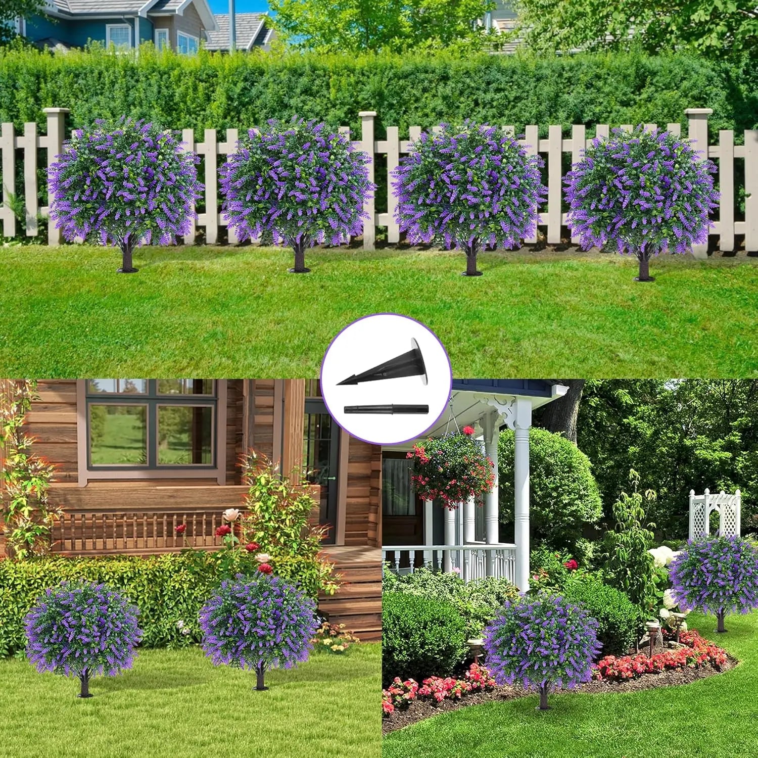 Artificial Lavender Topiary Ball Tree 24" with Ground Spike - Set of 2 UV Resistant Boxwood Bushes for Indoor and Outdoor Use - Fade-Proof Faux Evergreen Plants for Porch and Garden