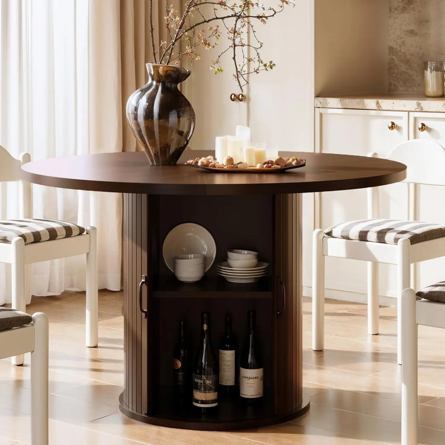 47" Black Round Dining Table for Four, Modern Fluted Kitchen Table with Two-Tier Storage and Sliding Door, Farmhouse Style for Dining Room and Compact Spaces