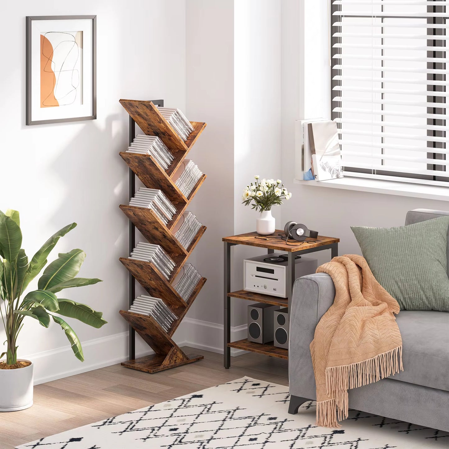 Tall 9-Tier Tree Bookshelf, Floor Standing Bookcase for CDs and Albums, Rustic Brown and Black Finish for Living Room