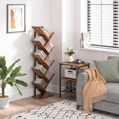 Tall 9-Tier Tree Bookshelf, Floor Standing Bookcase for CDs and Albums, Rustic Brown and Black Finish for Living Room
