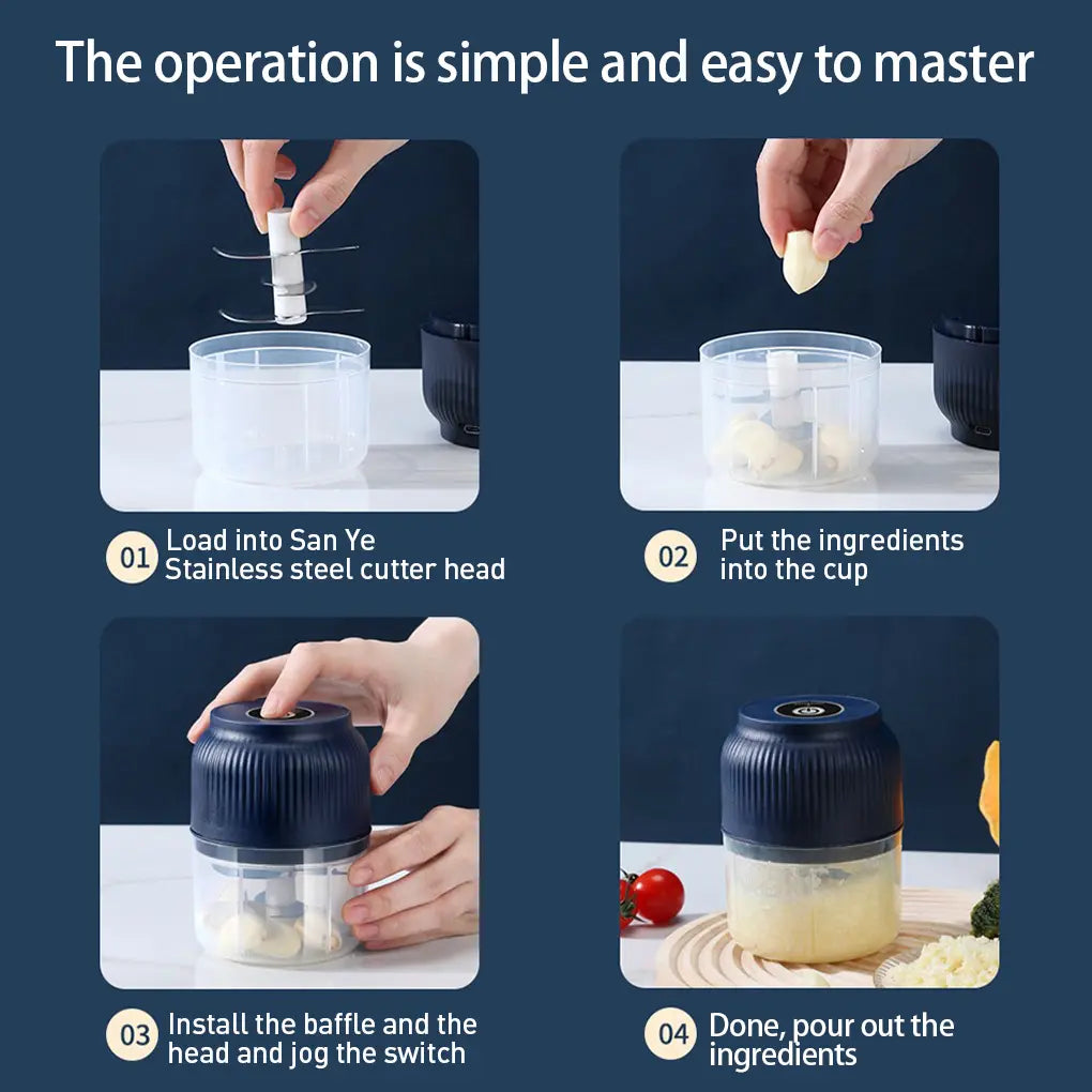 Electric Garlic Chopper with 4 Sharp Blades - 300ML Portable Food Processor for Vegetables, Ginger, Chili, Fruits, Meat, and Spices