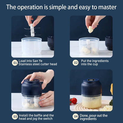 Electric Garlic Chopper with 4 Sharp Blades - 300ML Portable Food Processor for Vegetables, Ginger, Chili, Fruits, Meat, and Spices