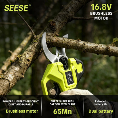 SEESE Cordless Electric Pruning Shears: 1.25" Cutting Capacity, Brushless Motor, Dual 21V Battery for Tree and Flower Trimming