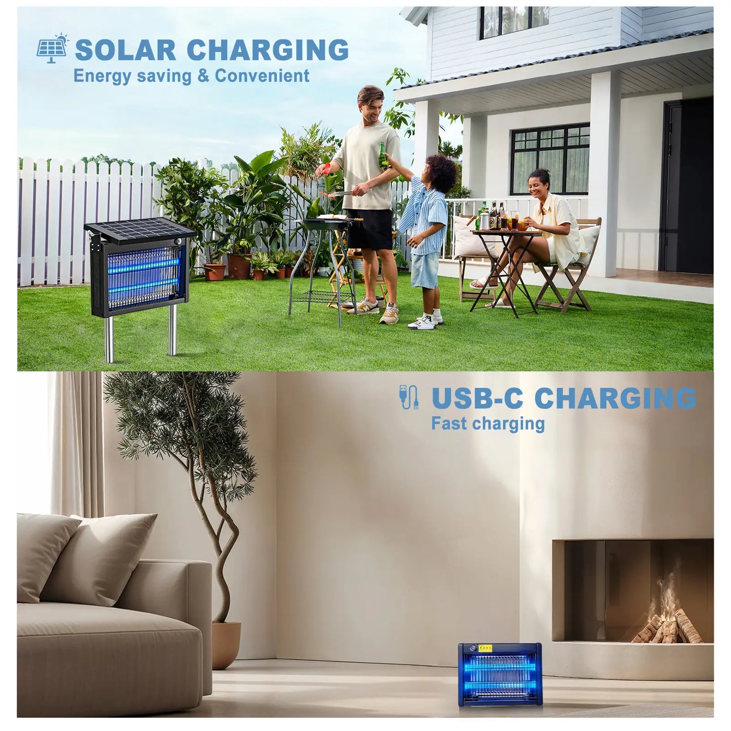 Gainstarx Solar-Powered Outdoor Bug Zapper with Smart Light Sensor - Waterproof and Rechargeable Mosquito and Fly Trap for Patio, Backyard, Garden, Camping, and Indoor Use