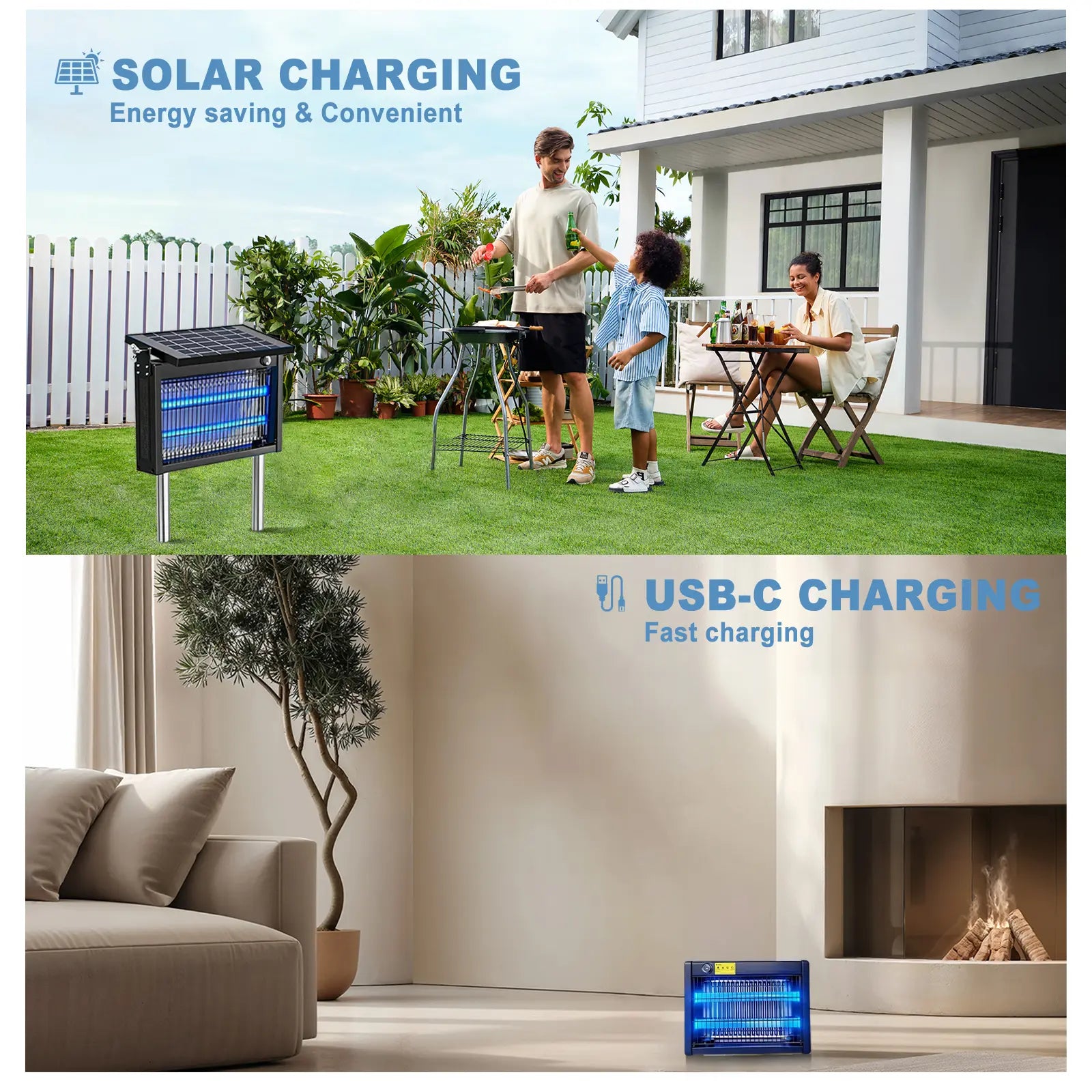 Gainstarx Solar-Powered Outdoor Bug Zapper with Smart Light Sensor - Waterproof and Rechargeable Mosquito and Fly Trap for Patio, Backyard, Garden, Camping, and Indoor Use