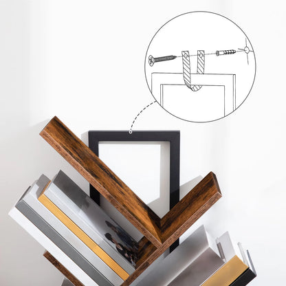Tall 9-Tier Tree Bookshelf, Floor Standing Bookcase for CDs and Albums, Rustic Brown and Black Finish for Living Room