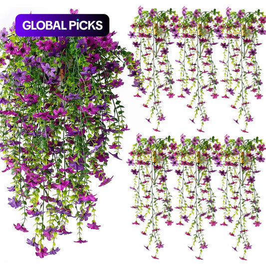 6-Pack of Artificial Hanging Six-Ear Orchid Flowers - Vibrant Long-Lasting Floral Decoration for Indoor and Outdoor Use, Ideal for Gardens and Window Sills