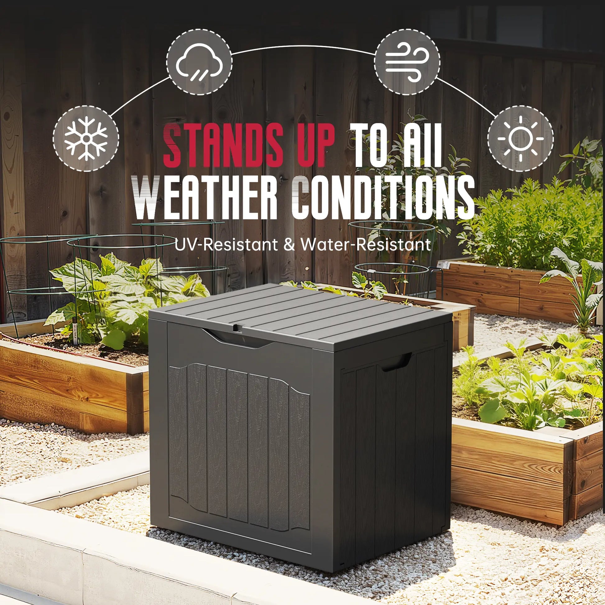INTERGREAT 35 Gallon Outdoor Storage Box with Handles - Lockable Resin Patio Deck Container in Black and Brown