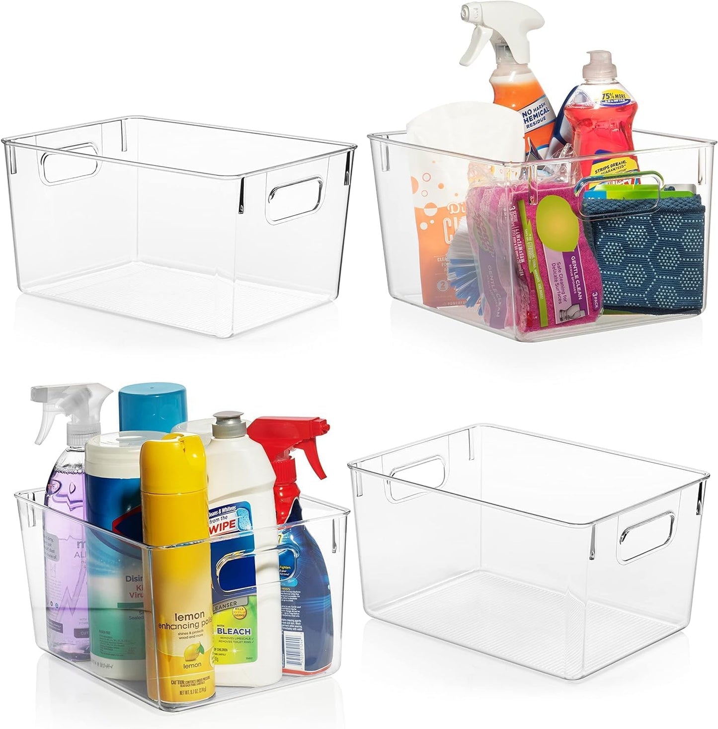 Plastic Storage Bins for Kitchen and Pantry Organization - 4 Pack Fridge and Cabinet Organizers