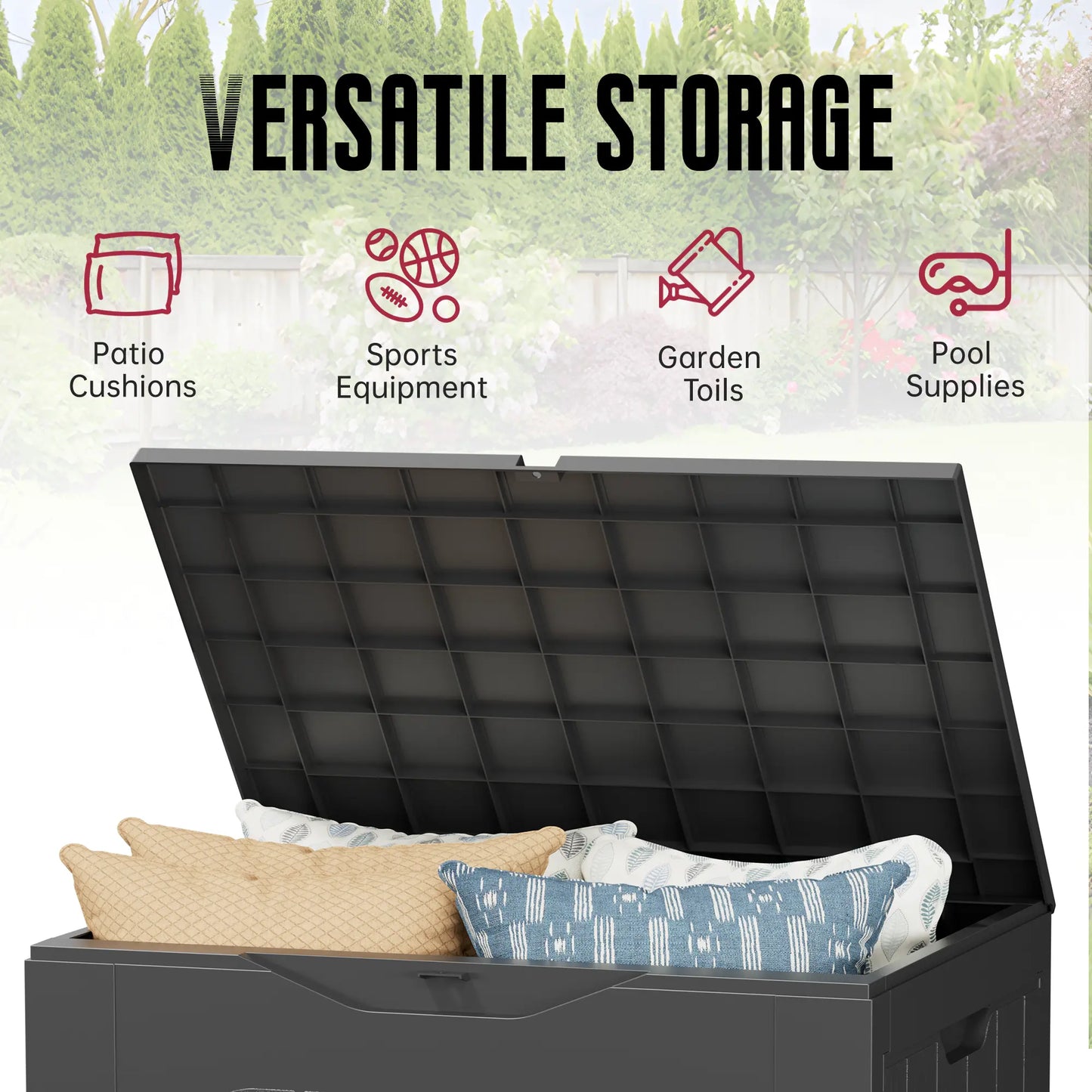 INTERGREAT 35 Gallon Outdoor Storage Box with Handles - Lockable Resin Patio Deck Container in Black and Brown