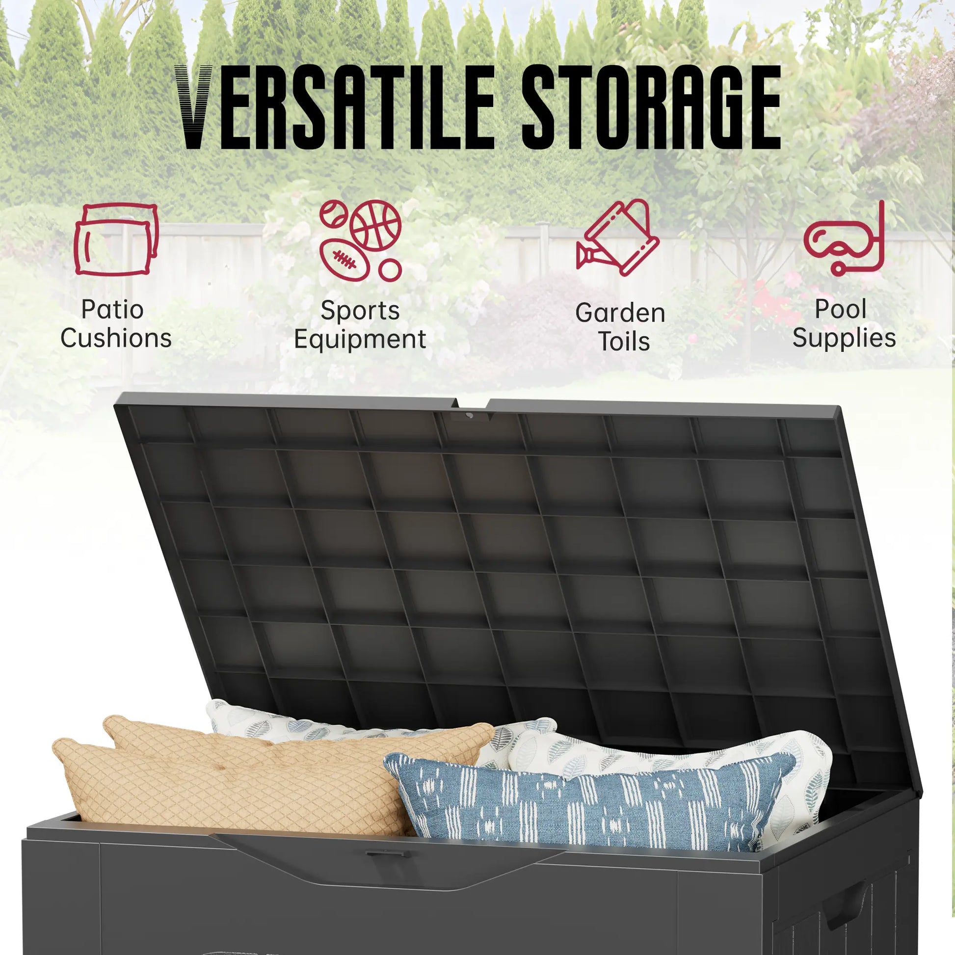 INTERGREAT 35 Gallon Outdoor Storage Box with Handles - Lockable Resin Patio Deck Container in Black and Brown