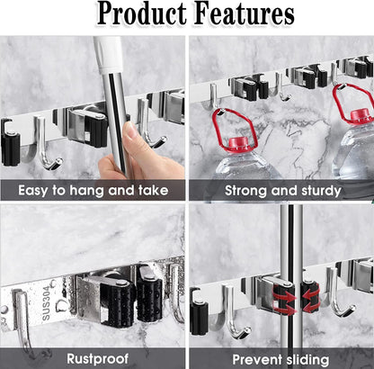 Heavy-Duty Stainless Steel Wall-Mounted Broom Holder with 5 Holders and 4 Hooks, Includes Nails for Installation, Self-Adhesive Mop and Brush Storage Solution