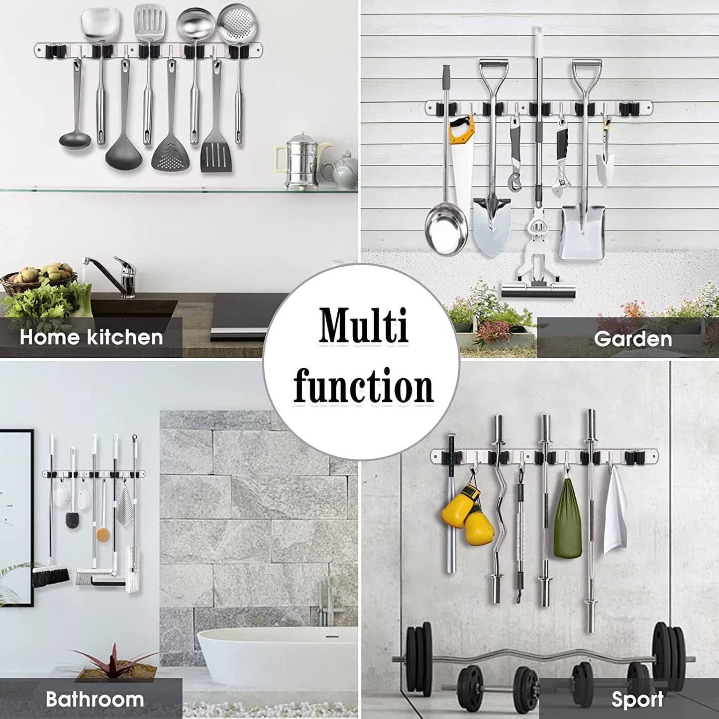 Heavy-Duty Stainless Steel Wall-Mounted Broom Holder with 5 Holders and 4 Hooks, Includes Nails for Installation, Self-Adhesive Mop and Brush Storage Solution