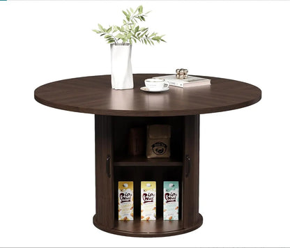 47" Black Round Dining Table for Four, Modern Fluted Kitchen Table with Two-Tier Storage and Sliding Door, Farmhouse Style for Dining Room and Compact Spaces