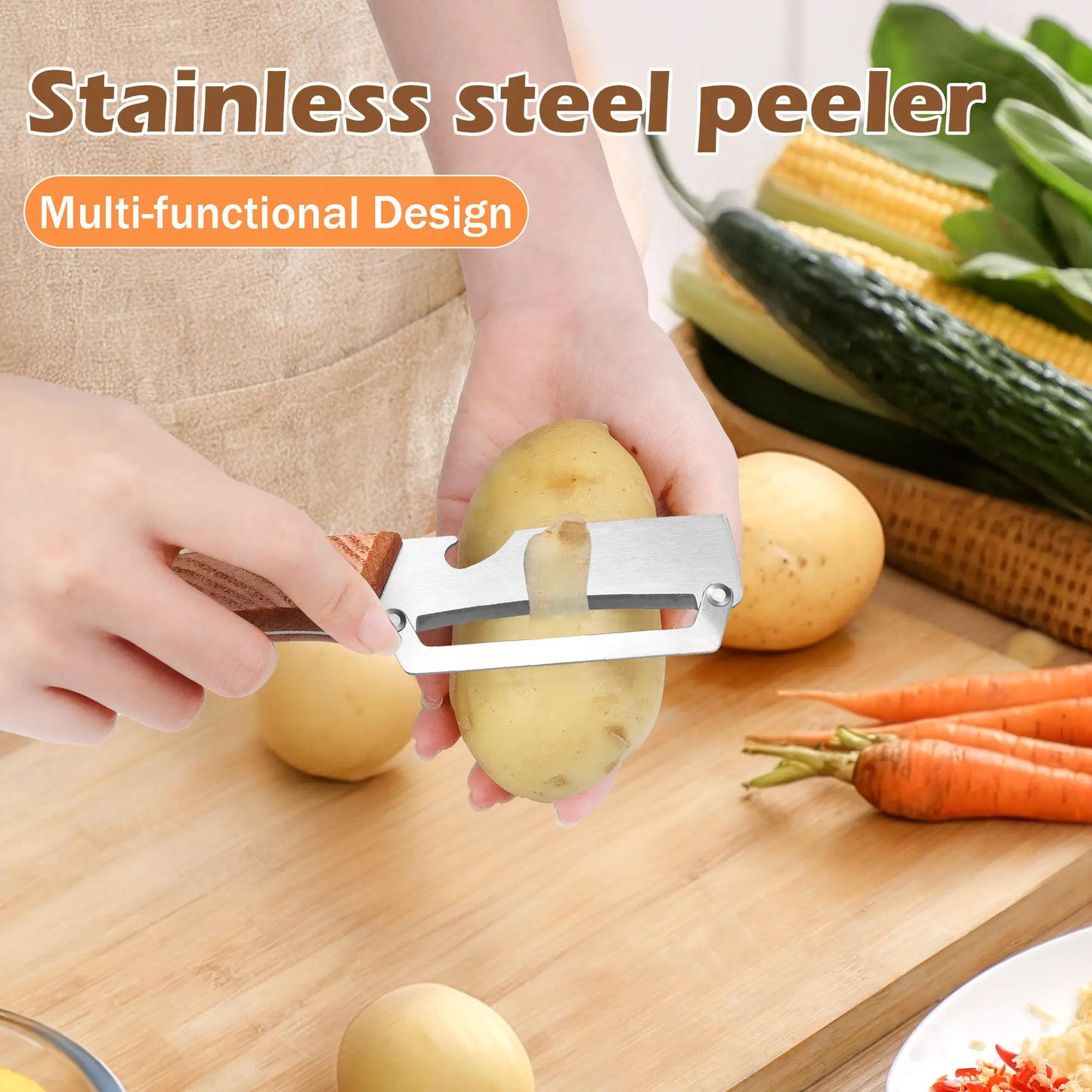 Ergonomic Wooden-Handled Vegetable and Fruit Peeler with Stainless Steel Blade and Integrated Bottle Opener