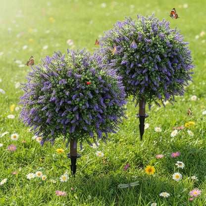 Artificial Lavender Topiary Ball Tree 24" with Ground Spike - Set of 2 UV Resistant Boxwood Bushes for Indoor and Outdoor Use - Fade-Proof Faux Evergreen Plants for Porch and Garden