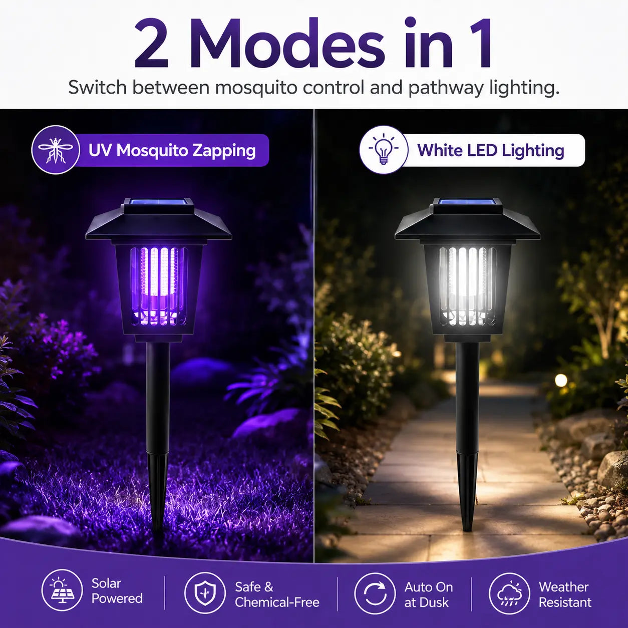 Solar-Powered Mosquito Zapper and Garden Stake Lamp – Dual-Mode Insect Control and Pathway Lighting, Weather-Resistant, Easy Installation, Available in Round and Square Designs