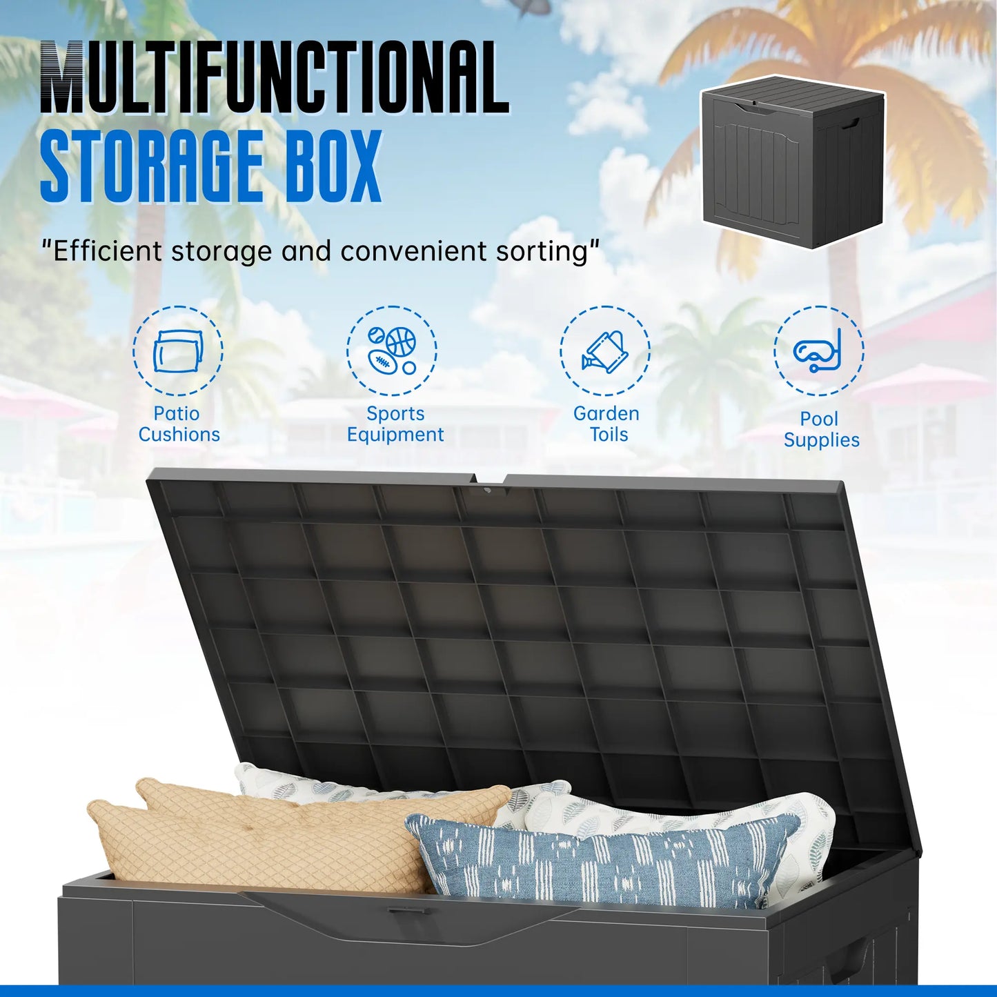 INTERGREAT 35 Gallon Outdoor Storage Box with Handles - Lockable Resin Patio Deck Container in Black and Brown