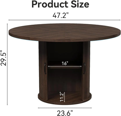 47" Black Round Dining Table for Four, Modern Fluted Kitchen Table with Two-Tier Storage and Sliding Door, Farmhouse Style for Dining Room and Compact Spaces