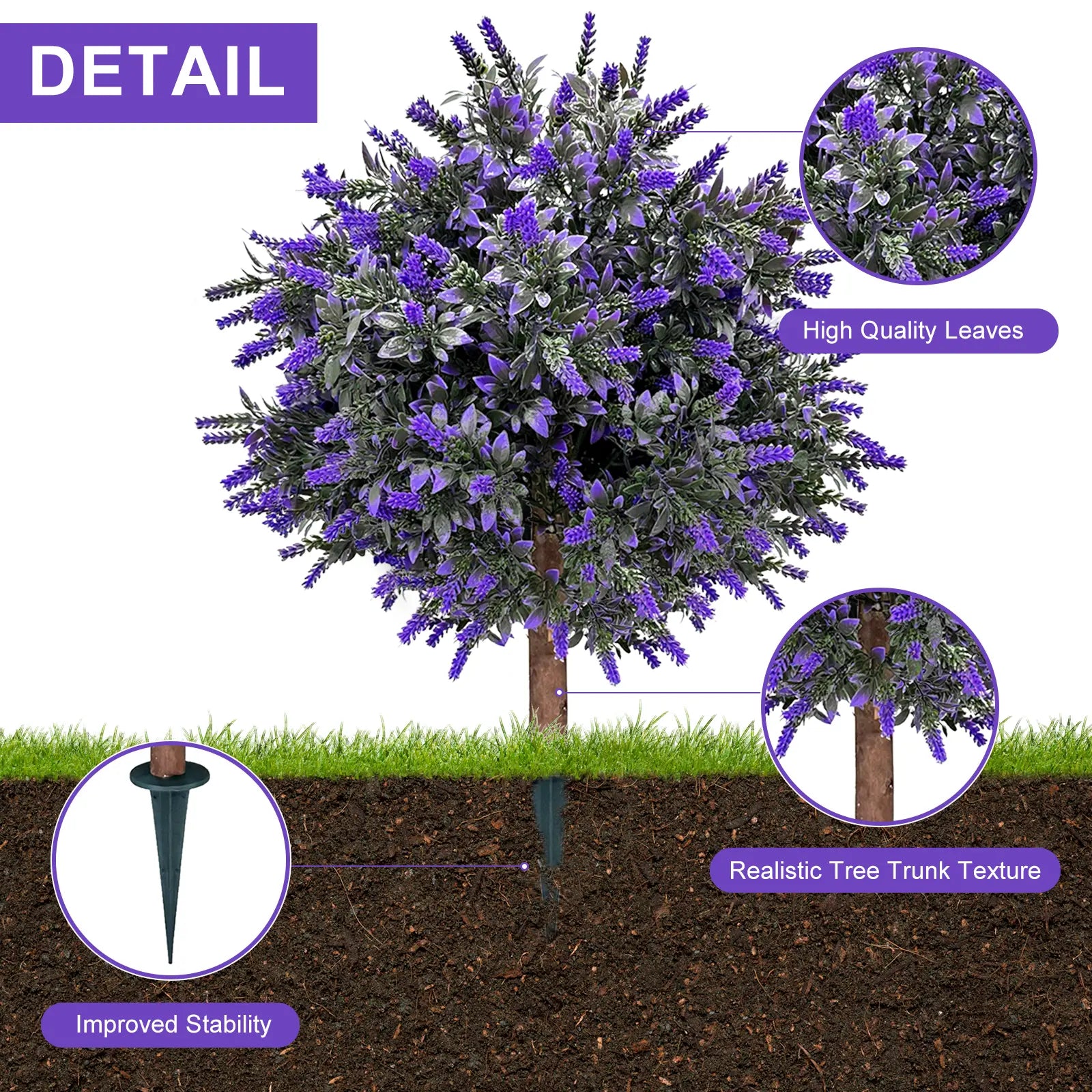 Artificial Lavender Topiary Ball Tree 24" with Ground Spike - Set of 2 UV Resistant Boxwood Bushes for Indoor and Outdoor Use - Fade-Proof Faux Evergreen Plants for Porch and Garden