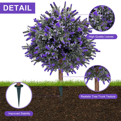 Artificial Lavender Topiary Ball Tree 24" with Ground Spike - Set of 2 UV Resistant Boxwood Bushes for Indoor and Outdoor Use - Fade-Proof Faux Evergreen Plants for Porch and Garden