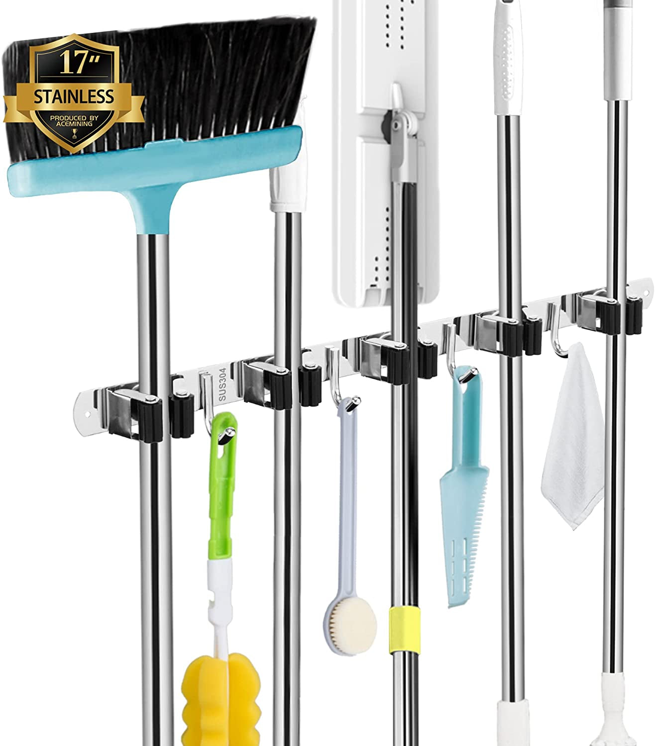 Heavy-Duty Stainless Steel Wall-Mounted Broom Holder with 5 Holders and 4 Hooks, Includes Nails for Installation, Self-Adhesive Mop and Brush Storage Solution