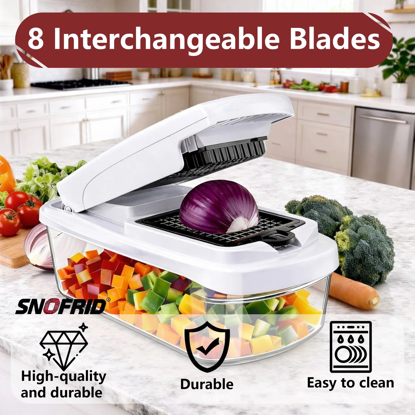 Snofrid 15-in-1 Multifunctional Vegetable Chopper - Professional Onion Chopper with 8 Blades and Container for Efficient Salad, Potato, Carrot, and Garlic Preparation
