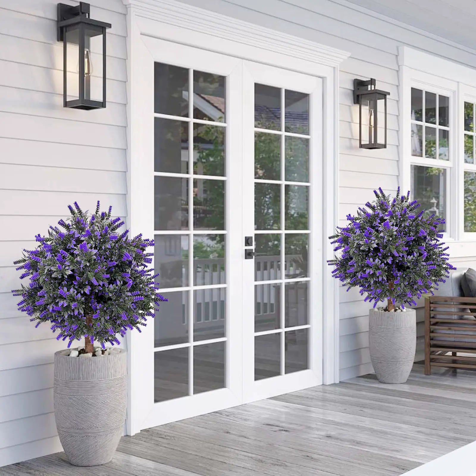 Artificial Lavender Topiary Ball Tree 24" with Ground Spike - Set of 2 UV Resistant Boxwood Bushes for Indoor and Outdoor Use - Fade-Proof Faux Evergreen Plants for Porch and Garden