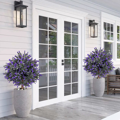 Artificial Lavender Topiary Ball Tree 24" with Ground Spike - Set of 2 UV Resistant Boxwood Bushes for Indoor and Outdoor Use - Fade-Proof Faux Evergreen Plants for Porch and Garden