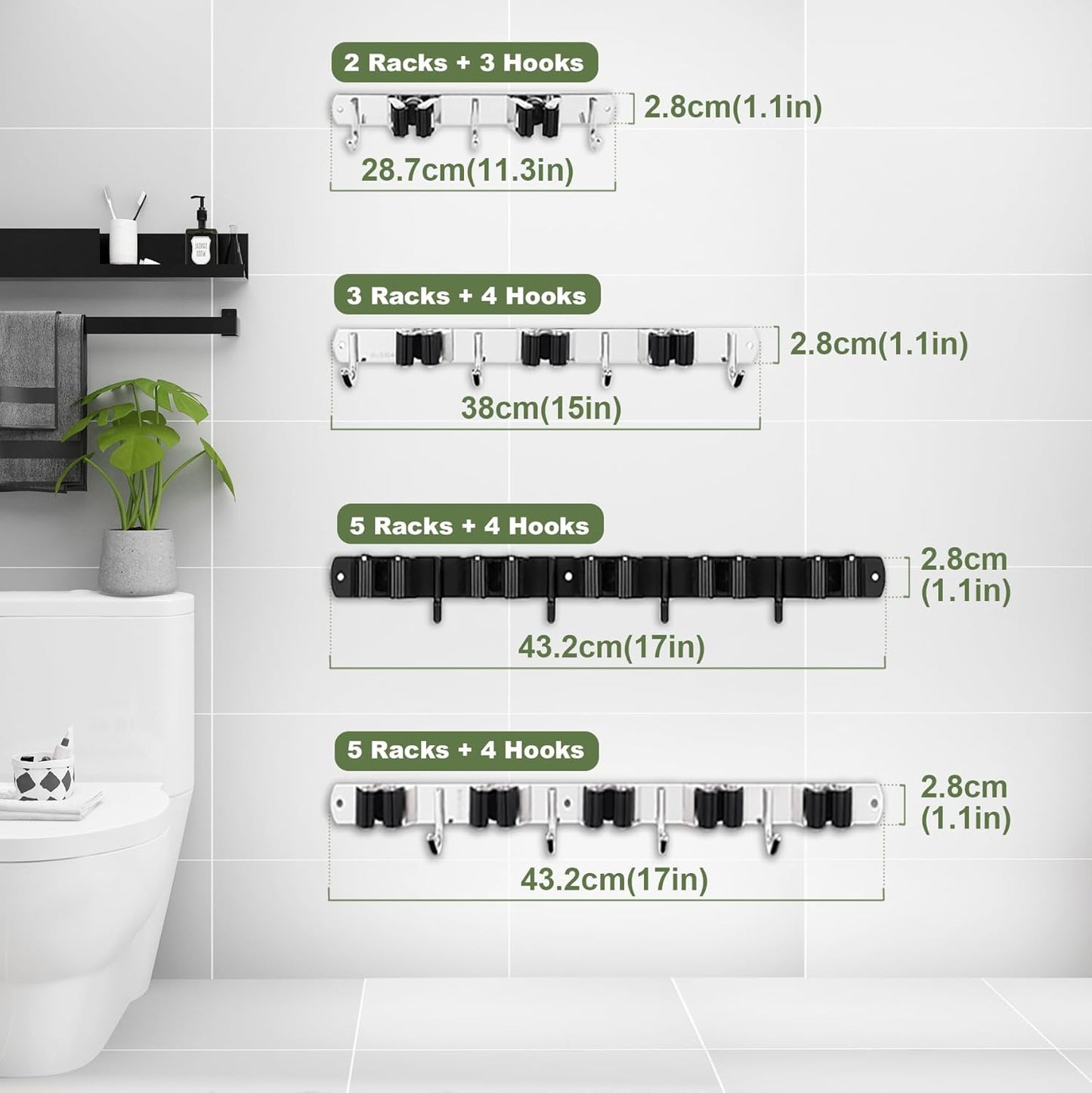 Heavy-Duty Stainless Steel Wall-Mounted Broom Holder with 5 Holders and 4 Hooks, Includes Nails for Installation, Self-Adhesive Mop and Brush Storage Solution