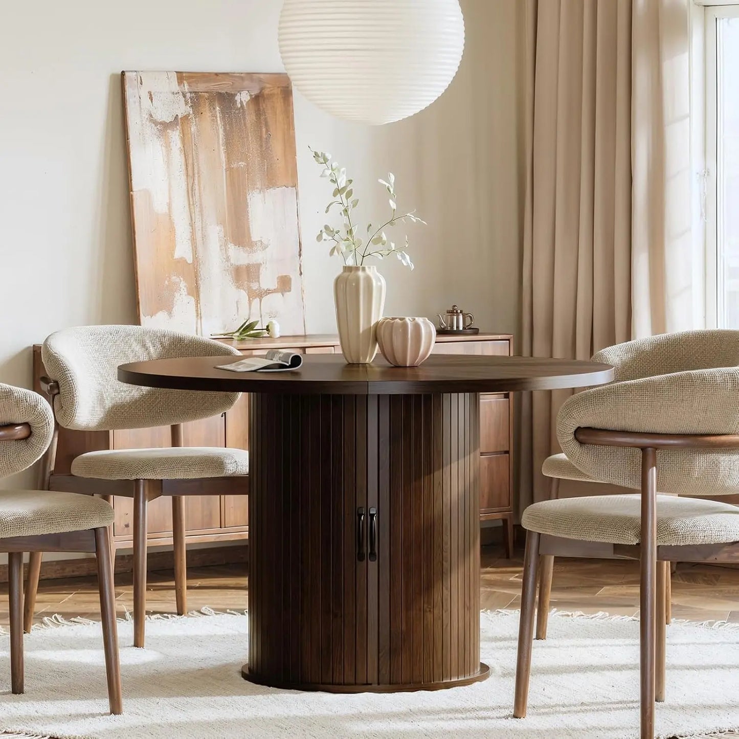 47" Black Round Dining Table for Four, Modern Fluted Kitchen Table with Two-Tier Storage and Sliding Door, Farmhouse Style for Dining Room and Compact Spaces