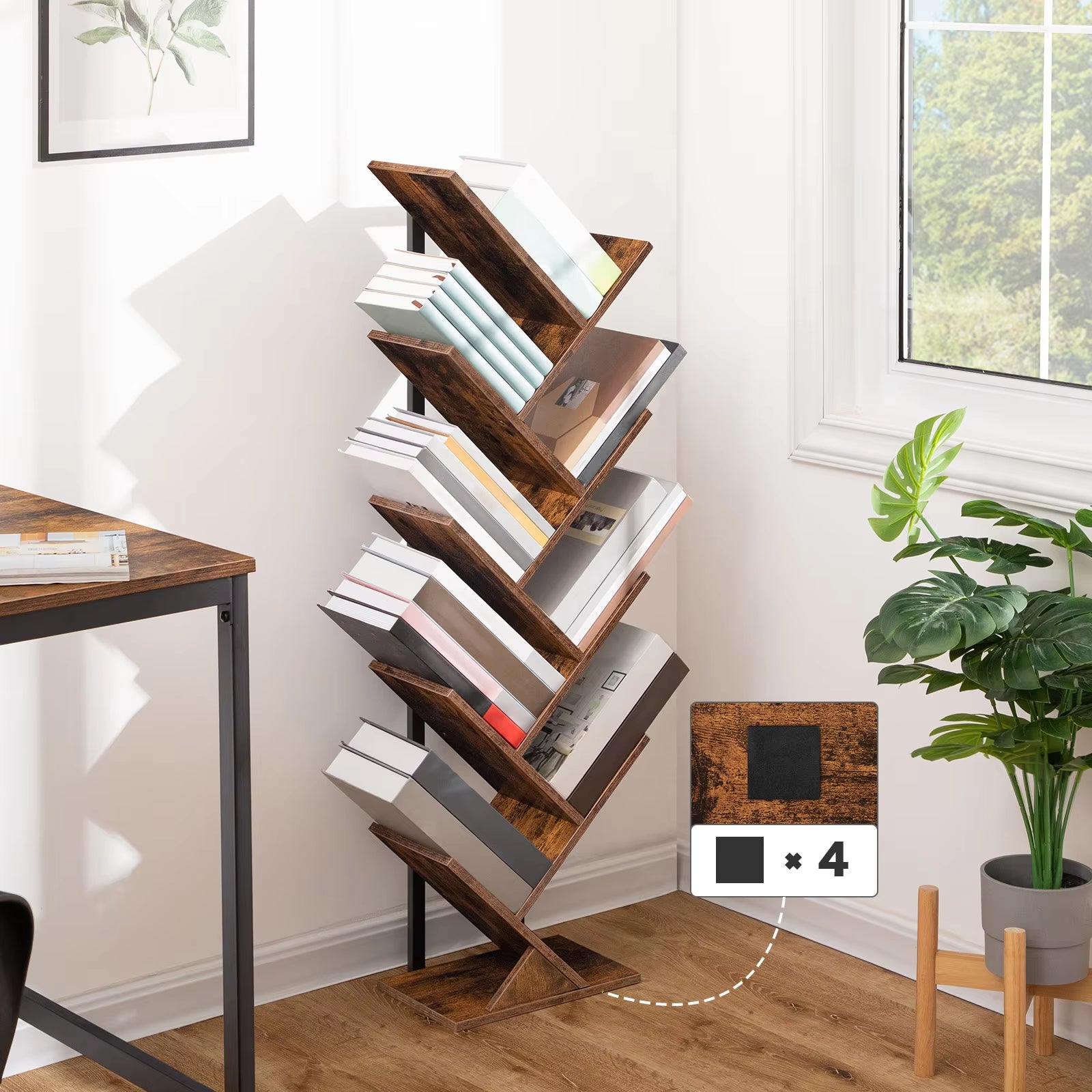 Tall 9-Tier Tree Bookshelf, Floor Standing Bookcase for CDs and Albums, Rustic Brown and Black Finish for Living Room