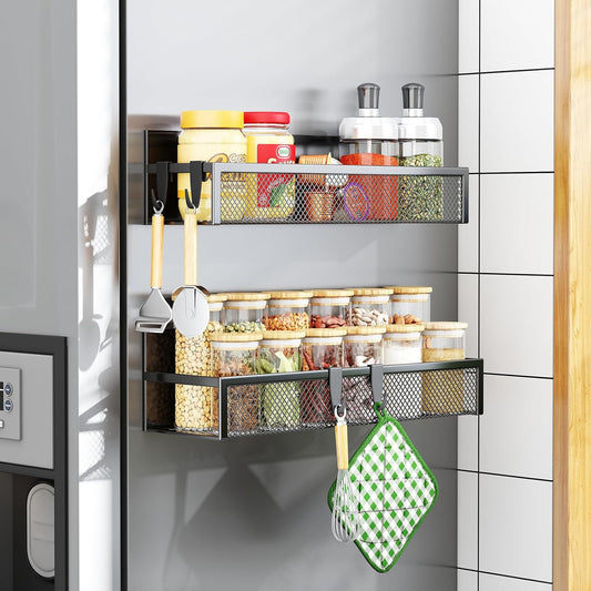Magnetic Spice Rack Set for Refrigerator, 2-Pack with Adjustable Hooks, Kitchen Organizer and Storage Solution
