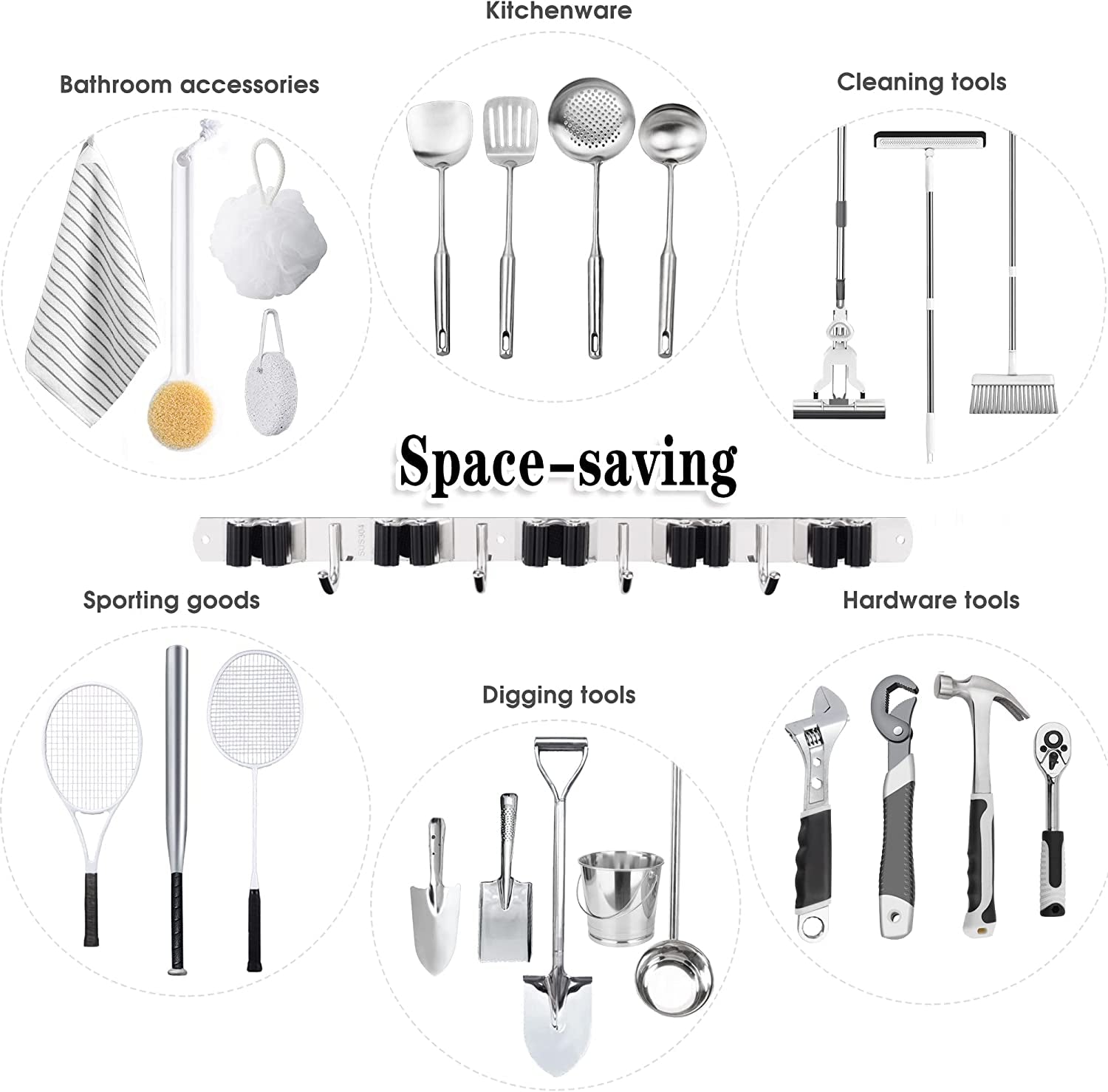 Heavy-Duty Stainless Steel Wall-Mounted Broom Holder with 5 Holders and 4 Hooks, Includes Nails for Installation, Self-Adhesive Mop and Brush Storage Solution