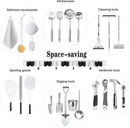 Heavy-Duty Stainless Steel Wall-Mounted Broom Holder with 5 Holders and 4 Hooks, Includes Nails for Installation, Self-Adhesive Mop and Brush Storage Solution