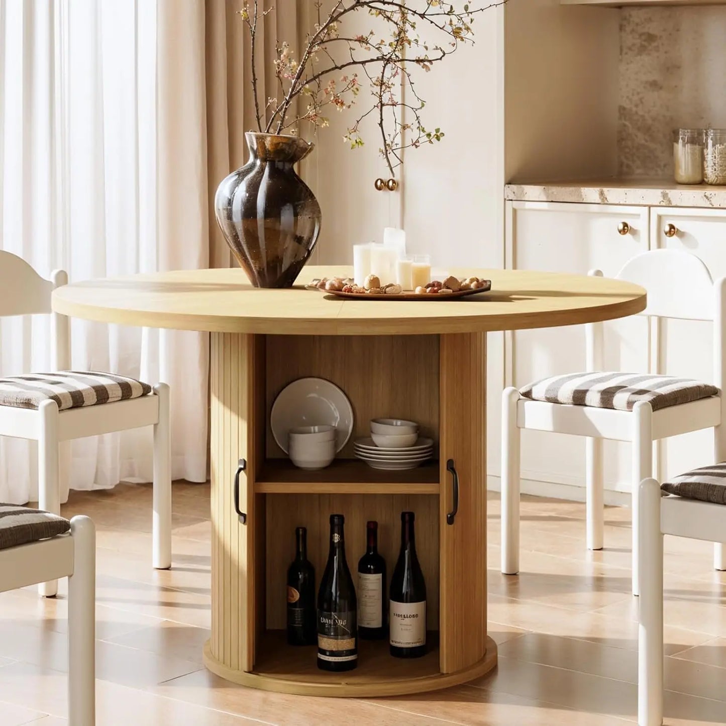 47" Black Round Dining Table for Four, Modern Fluted Kitchen Table with Two-Tier Storage and Sliding Door, Farmhouse Style for Dining Room and Compact Spaces