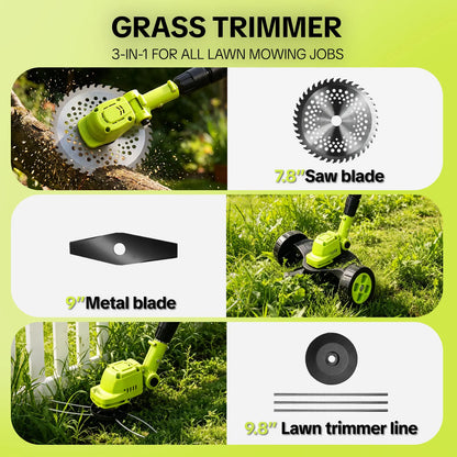 SEESE Cordless Lawn Mower and Garden Tool Set (Mower, Trimmer, Edger) with Dual 21V Batteries - Lightweight Design for Small to Medium Yards - Ideal Father's Day Gift