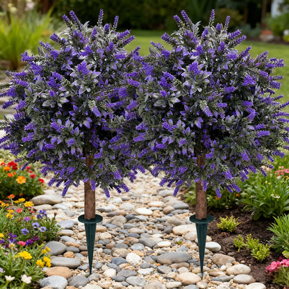 Artificial Lavender Topiary Ball Tree 24" with Ground Spike - Set of 2 UV Resistant Boxwood Bushes for Indoor and Outdoor Use - Fade-Proof Faux Evergreen Plants for Porch and Garden