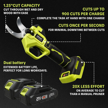 SEESE Cordless Electric Pruning Shears: 1.25" Cutting Capacity, Brushless Motor, Dual 21V Battery for Tree and Flower Trimming