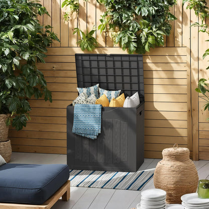 INTERGREAT 35 Gallon Outdoor Storage Box with Handles - Lockable Resin Patio Deck Container in Black and Brown